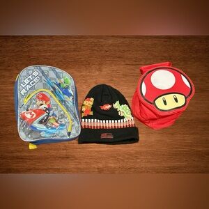 MARIO BROS MINI BACKPACK/ MUSHROOM INSULATED LUNCH BOX &KNIT BEANIE .